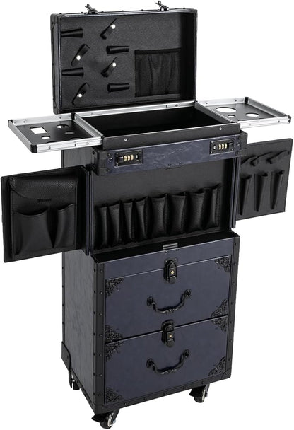 Beauty Rolling Makeup Train Case, Professional Lockable Rolling Salon Luggage, Retro-Rolling Cart Storage Organizer Trolley Make Up Case, 4 Universal Wheels, Retractable Rod, Buckle (Blue)