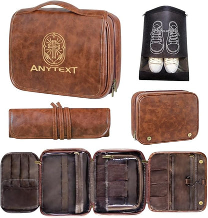 HDSD Custom 3-in-1 PU Leather Toiletry Bag For Men Personalized Hanging Travel Organizer Bag for Father Husband Boyfriend (Reddish brown)