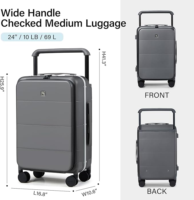 Hanke Top Opening 24 Inch Luggage with Spinner Wheels, Aluminum Frame All-PC Hard Shell Medium Suitcase, Trunk Wide Handle Luggage for Travel, TSA Checked-Medium (Graphite Grey, 69L)