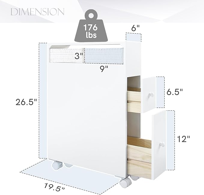 MASAKA B&W Slim Bathroom Storage Cabinet, Side Storage Organizer Toilet,Toilet Paper Storage, Movable Bathroom Storage Cabinet with 2 Drawers and Shelf, Corner Shelves