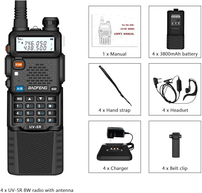 Baofeng UV-5R Dual Band Two Way Radio Handheld Ham Radio Long Range Walkie Talkies Pack of 4 for Hiking Camping Skiing Trip (Black) with 8W 3800mAh Battery