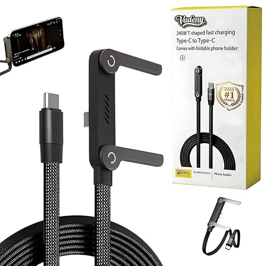 Charge Stand 2 in 1 Cable,240w Fast Charging Cable with Built-In Holde,Invisible Holder Charger Cables,360° Rotation,5ft USB C Nylon Braided High-Speed Charger Cord for Phone,Tablets,Laptops(C-C,1PC)