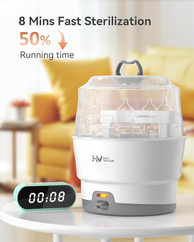 HEYVALUE Ease-Steam Bottle Sterilizer, Compact Baby Bottle Sterilizer, Fast One-Touch Operation (Esterilizador de Biberones), Electric Sterilizer for Baby Bottles, Baby Essentials & Breast Pump Parts