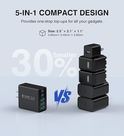 [2-Pack] USB C Wall Charger, 60W USB C Charger Block 5-Port PD Fast Charging Blocks,2USB C+3USB A Multiport Plug,Type C Power Adapter Brick Cube for iPhone 17/16/15/14/13/Pro,Samsung,for Switch（Black）