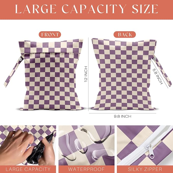 4 Pack Cute Wet Bag Waterproof Washable Reusable Wet Dry Bag for Swimsuit Clothes Cloth Diaper Travel Beach Pool Yoga Gym Party Camping Toiletries Travel Beach Essentials, Colorful Checkered