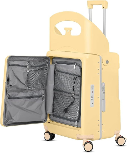 advwin 20" Carry-On Luggage with Seat for Kids & Adults, Lightweight Hardside Ride-On Suitcase with Front Opening, TSA Lock, 360° Spinner Wheels (Yellow, 20-inch)
