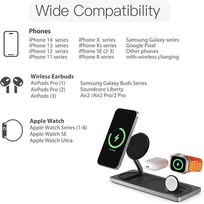 3-in-1 Charging Station for Apple Devices: Used for iPhone and Watch Charging Station with Magsafe Charger Stand, Wireless Charger for iPhone 17 Air 16 15 14 13 Series, Apple Watch Ultra, AirPods Pro