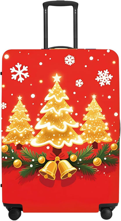 Golden Christmas Trees Luggage Cover - Sparkling Trees with Bells and Holly on Red Background, Elegant Holiday Design Stretchable Suitcase Protector for 24 26 Inch Travel Bags