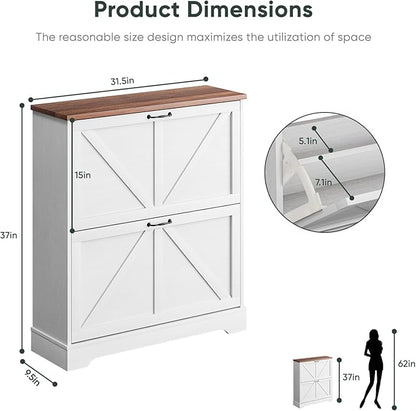 Shoe Cabinet, Shoe Storage Cabinet for Entryway with 2 Flip Drawers, Narrow Farmhouse Shoe Organizer Cabinet, Slim Shoe Rack Cabinet, White