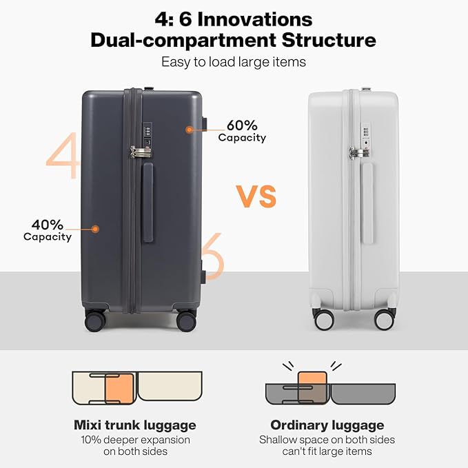mixi 24'' Plus Trunk Luggage Medium Checked Luggage PC Hard Shell Rolling Travel Suitcases with Spinner Wheels & TSA Lock, Rock Gray