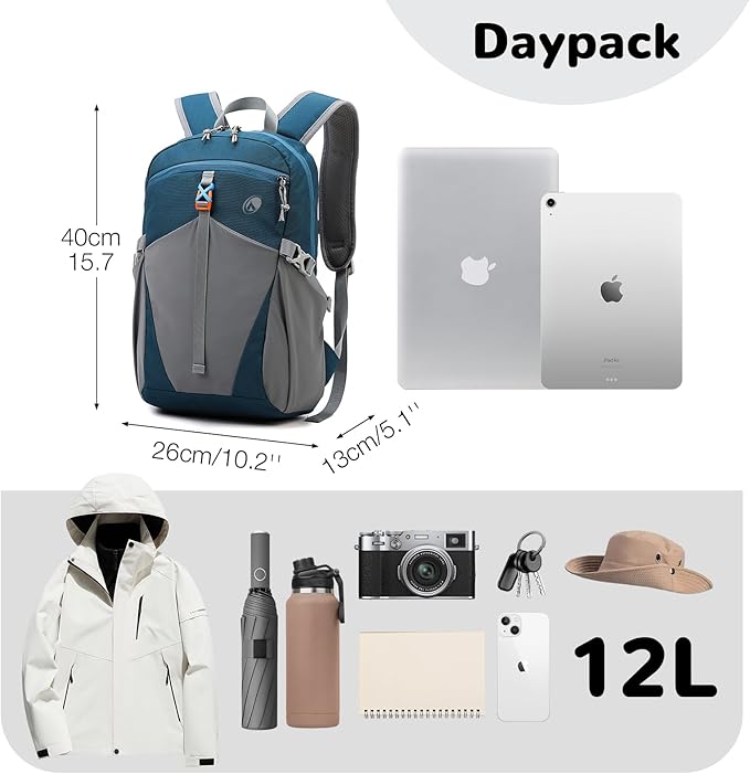 12L Small Hiking Backpack with Chest Strap for Men Women, Mini Lightweight Travel Backpack for Kids, Blue