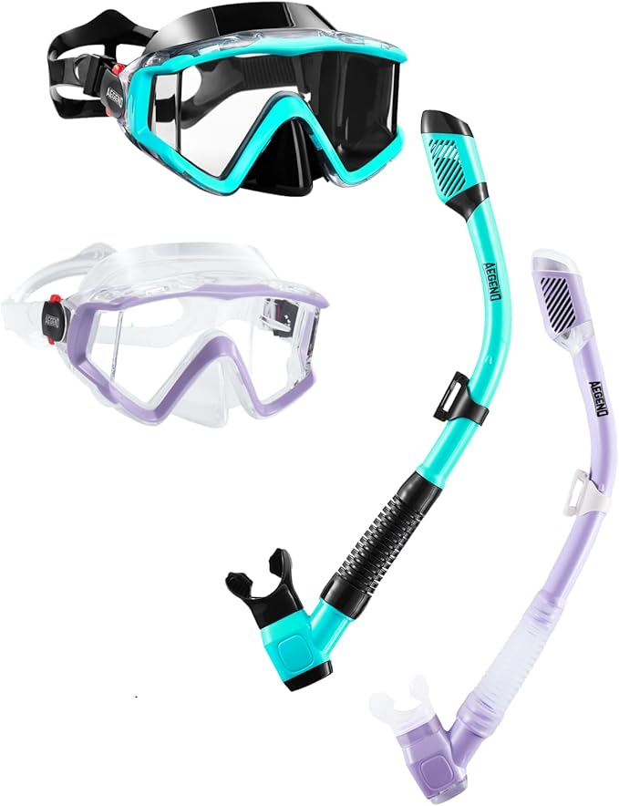 Aegend Snorkeling Gear for Adults Youth Kids, Dry Snorkel Set Panoramic View Enhanced Anti-Leak and Anti-Fog Technology, Adjustable Strap for Snorkeling Scuba Diving Swimming with Mesh Bag