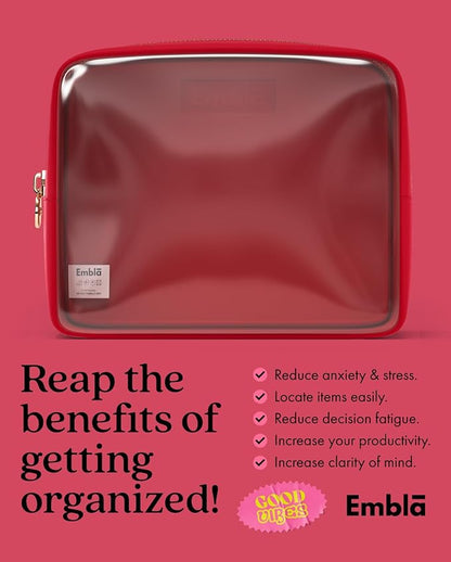 Embla Clear Cosmetic Bag Makeup Case, Clear Zipper Make Up Pouch and Toiletry Travel Tote, Cute Skincare Pouches for Women Girls, Preppy Purse Cosmetic Organizer, Large Makeup Bags, Ruby Red