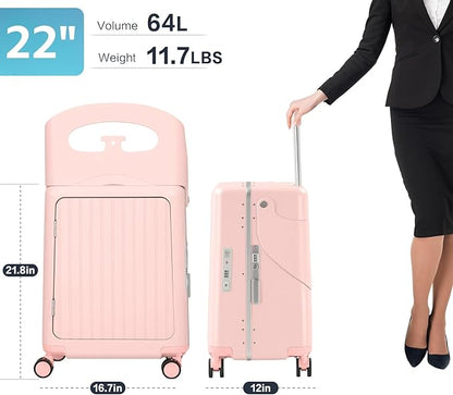 smilesun 22" Carry On Luggage with Seat For Kids & Adults，Hardside Ride On Suitcase Front Opening with 360°Spinner and TSA Lock For Travel (Light Pink with Front Open, 22")