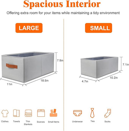 4 Pack Oxford Fabric Storage Bins, Sturdy Clothes Storage Organizer Baskets, Large Closets Organizers and Storage with Special Small Underwear Organizer, Foldable Gray Storage Box with PU Handles