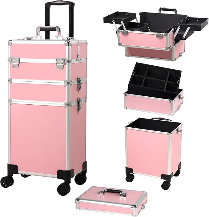 Rolling Makeup Case, Cosmetology Case on Wheels with Large Storage, Durable Design, Ideal Gift for Makeup Artists, Hairstylists, Nail Techs, Portable Beauty Organizer for Travel or Salon Use, Pink