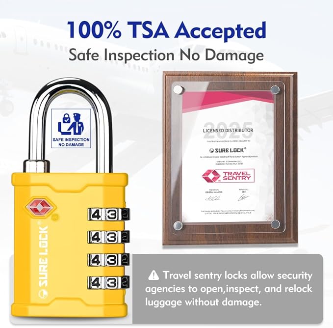 SURE LOCK TSA Accepted 4 Dig Heavy Duty Big Combination Luggage Padlock All Metal Travel Lock for Equipment Hard Case Luggage Gun Case Gym Locker Pelican Vault Lock (2, Yellow)