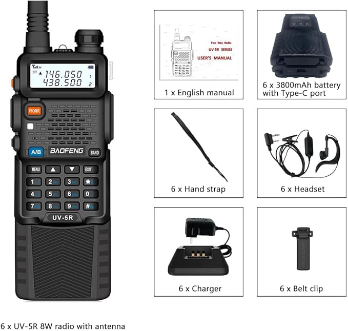 Baofeng UV-5R Dual Band Two Way Radio Handheld Ham Radio Long Range Walkie Talkies Pack of 6 for Hiking Camping Hunting Skiing Trip(Black) with 8W 3800mAh USB-C Charge Battery