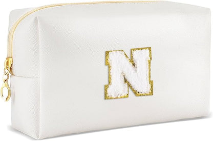 Gifts for Girls Initial Makeup Bag Personalized Cosmetic Bag with Zipper Cute Travel Toiletry Bags Waterproof PU Preppy Makeup Pouch Birthday Gift for Teen Girls Women(White N)