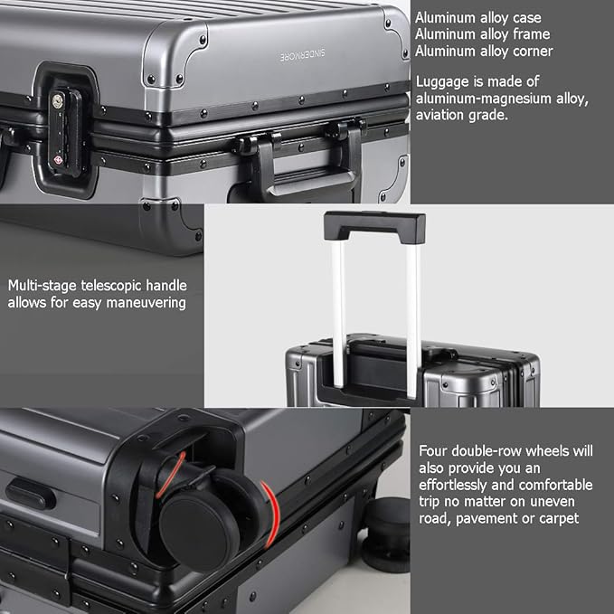 Carry-On Hardside Suitcase: Full Aluminum HardShell Luggage with TSA Lock & Spinner Wheels for Business Travel - Crush-Resistant & Burst-Proof - Gunmetal Gray