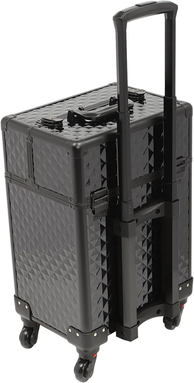Rolling Makeup Train Case,Multi-functional Cosmetic Trolley with 360° Swivel Wheels Keys,Salon Barber Case Traveling Cart for Nail Technicians Hairstylist (Black)
