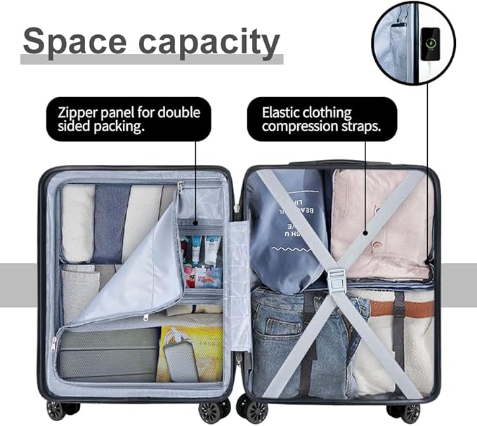 AnyZip Suitcase Hardside PC ABS Lightweight USB Luggage with Wheels TSA Lock Checked-Large Luggage 28 Inch Silver