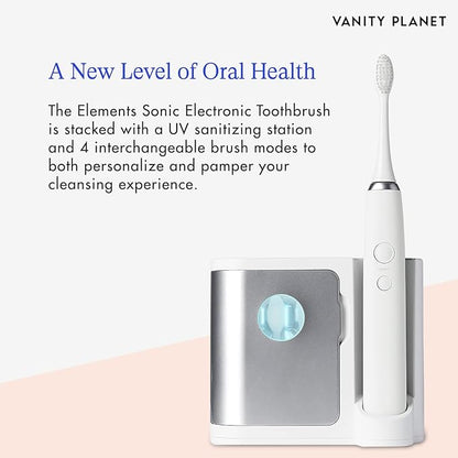 Vanity Planet Elements Ultrasonic Electric Toothbrush - Silver - Advanced Oral Care with UV Sanitizing Charger Base with 3 Replacement Heads - 99.9% Effective Keeping Your Teeth Clean