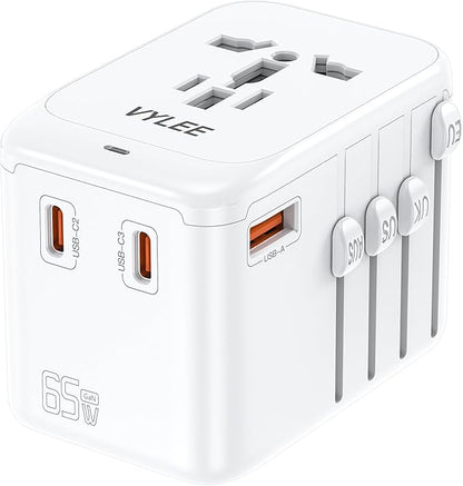 Travel Plug Adapter, 65W Fast GaN Travel Charger, International Plug Adapter with 3 USB-C PD and 1 USB-A QC with US/EU/UK/AU Convenient for iPhone,Samsung,Laptops