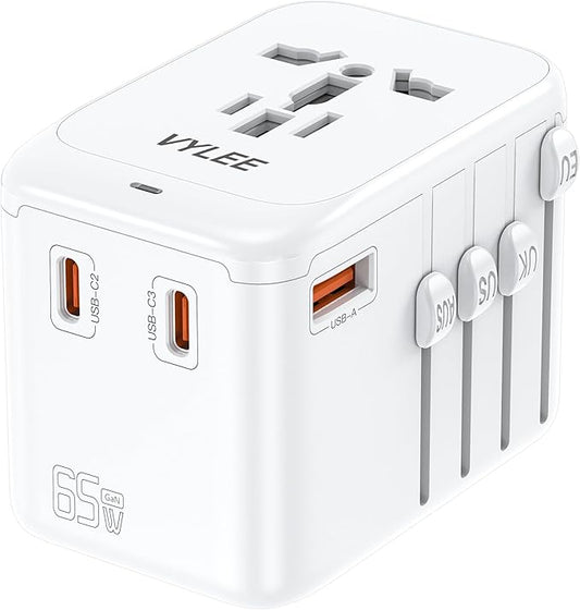 Travel Plug Adapter, 65W Fast GaN Travel Charger, International Plug Adapter with 3 USB-C PD and 1 USB-A QC with US/EU/UK/AU Convenient for iPhone,Samsung,Laptops