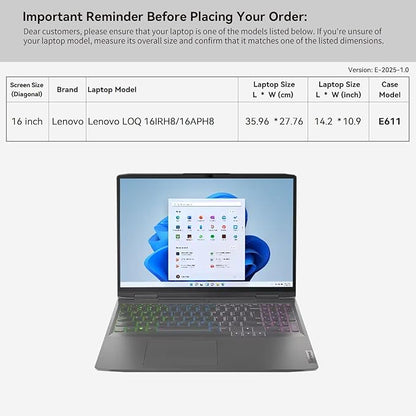 Smatree 16 inch Laptop Sleeve for Lenovo LOQ 16IRH8/16APH8 Gaming Laptop Bag with Accessory Pocket, YKK Zipper, Patented Shockproof Design (E611)