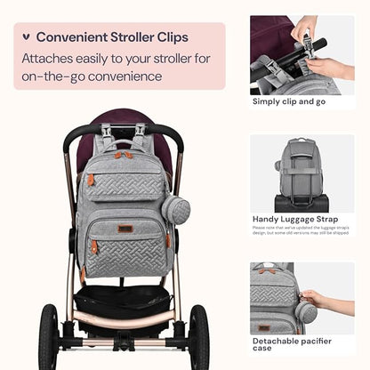 BabbleRoo Diaper Bag Backpack - Travel Large Baby Diaper Bag with Changing pad, Waterproof Baby Bags for Mom & Dad, Unisex Bags with Pacifier Case, Luggage Strap & Stroller Clips– Light Gray