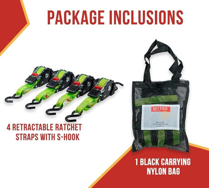 Mytee Products 20 Pack Retractable Ratchet Tie Down Straps w/S Hook - 1,500lb Break Strength Self Retracting Ratchet Straps for Haul Motorcycles, ATVs, Bikes, Trailer Tie-Down