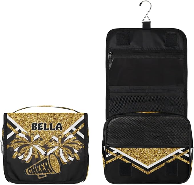 Custom Name Toiletry Bag Travel Bag with Hanging Hook, Cheerleading Makeup Cosmetic Bag Travel Full Sized Container Organizer for Shampoo, Toiletries. Gold Sequins with Black