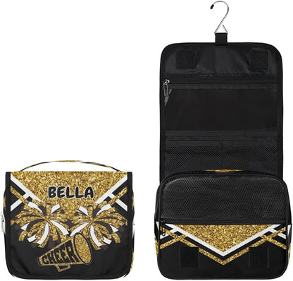 Custom Name Toiletry Bag Travel Bag with Hanging Hook, Cheerleading Makeup Cosmetic Bag Travel Full Sized Container Organizer for Shampoo, Toiletries. Gold Sequins with Black