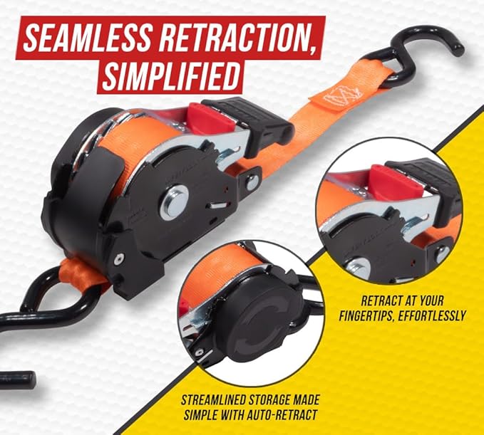 8 Pack Orange Auto Retract NO-RATCHETING Ratchet Straps | 1" x 12' Retractable Ratchet Straps with Zinc Coated S Hook Tiedowns for Motorcycles, ATVs, Bikes, Trailer Tie-Down