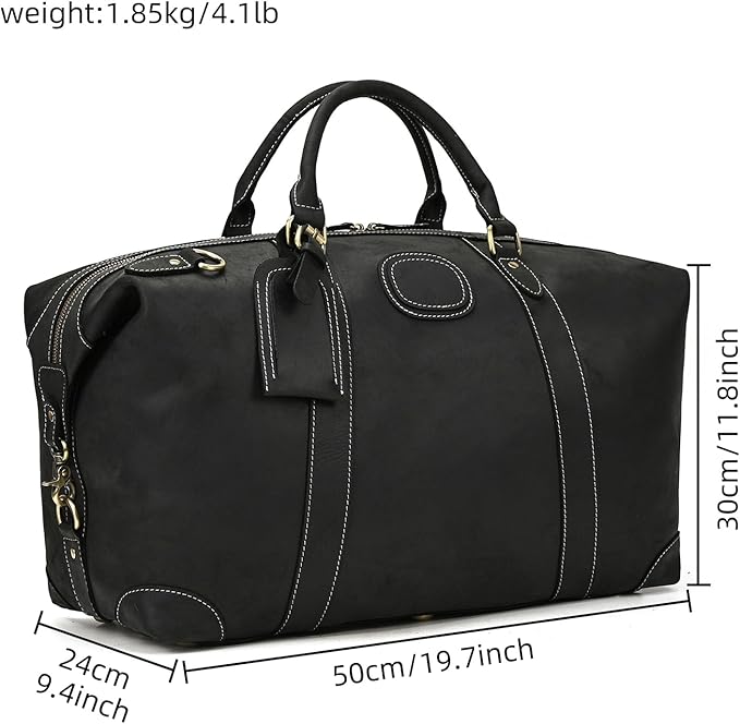 Full-grain Genuine Leather Travel Bag Large Capacity Luggage Duffel Bag for Men Shoulder Handbag Holiday Business Trip Bag, Black