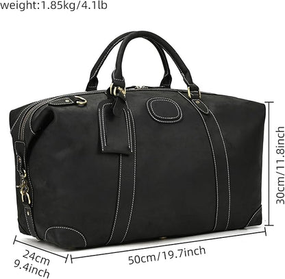 Full-grain Genuine Leather Travel Bag Large Capacity Luggage Duffel Bag for Men Shoulder Handbag Holiday Business Trip Bag, Black