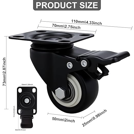 2 Inch Caster Wheels Set of 8, Heavy Duty Casters,with Brake,No Noise Locking Polyurethane (PU) Wheels, for Furniture and Workbench Load 800lbs