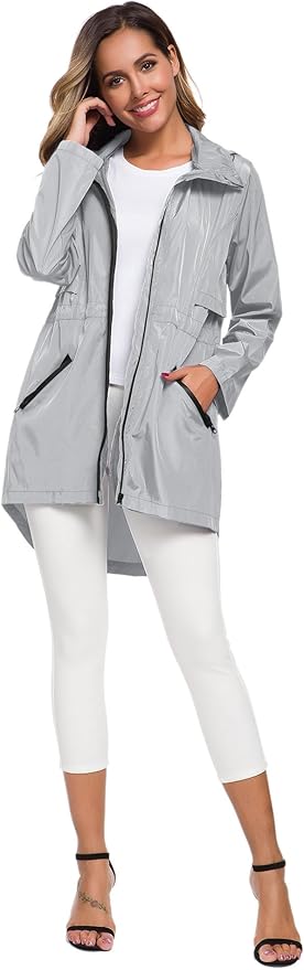 Avoogue Women's Long Raincoat with Hood Outdoor Lightweight Windbreaker Rain Jacket Waterproof