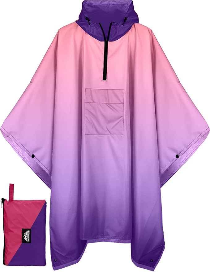Bruvoalon 3-in-1 Rain Poncho with 1/4 Zip & Chest Pocket, Waterproof, Sunshade, Ground Mat for Adults & Youth Emergency
