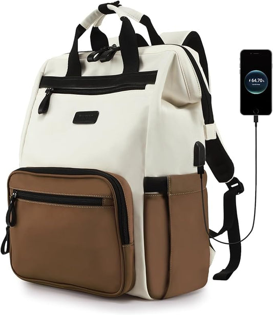 Timeet Laptop Backpack for Women Men, 17 Inch Travel Backpack with USB Charging Port, Water Resistant & Anti-theft for Work College Business, Multifunctional Carry on Backpack, White-brown