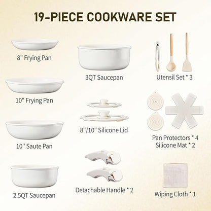 19-Piece Nonstick Pots and Pans Set, Aluminum Cookware Set with Detachable Handles, Non Stick Cooking Set for Kitchen, Induction-Compatible Pots and Pans, White (PFOA-Free)