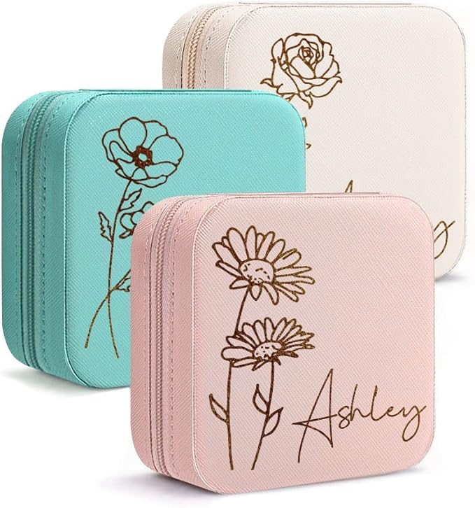 DayOfShe Personalized Travel Jewelry Box with Name and Birth Flower,Personalized Bridesmaid Gifts for Women Custom Small Travel Jewelry Case Stocking Stuffers Women Teen Girls Gifts