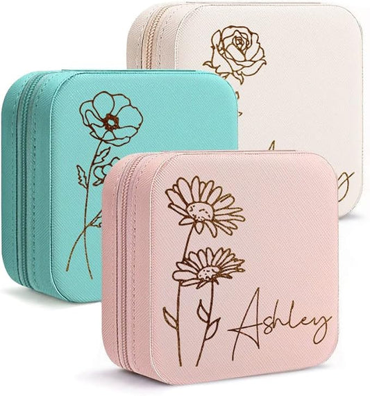 DayOfShe Personalized Travel Jewelry Box with Name and Birth Flower,Personalized Bridesmaid Gifts for Women Custom Small Travel Jewelry Case Stocking Stuffers Women Teen Girls Gifts