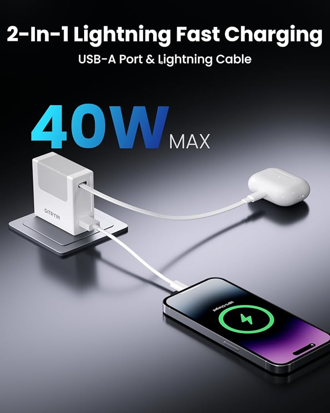 Gitryin Portable Charger Block, Retractable Wall Charger, 40W PD Fast Charging Block with 33.5in Lightning Cable, Power Adapter with Foldable Plug for iPhone14/13/12, White