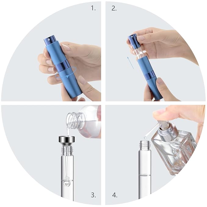 Lil Ray 8ml Portable Mini Perfume Atomizer(4 PCS)，Refillable Empty Small Spray Bottle for Travel, Twist Type Pocket Cologne Sprayer (Matte Black, Pink, Blue, Silver)