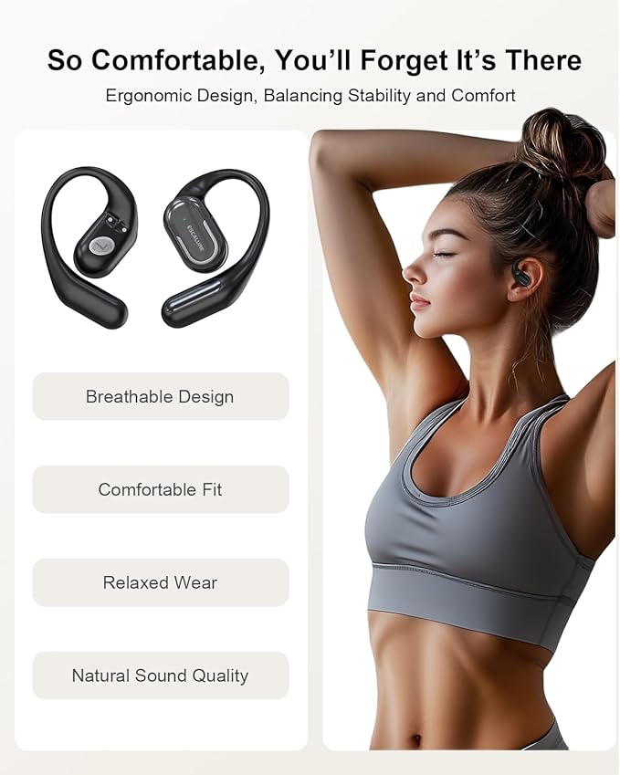 Open Ear Headphones Wireless Bluetooth 60H Playtime, IPX7 Waterproof Open Ear Earbud with Ear Hooks, Running Headphones Bluetooth 5.4 Ear Buds with Mic, Sport Headset for Cycling, and Workouts, Black