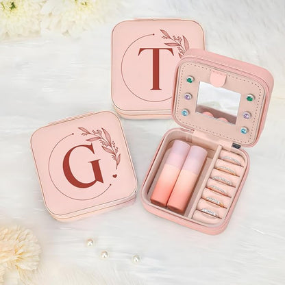 SANDJEST Personalized Jewelry Box, Pink Small Travel Jewelry Box with Initial G, Monogrammed Jewelry Case Organizer for Girls Women Teen, Mini Travel Essentials Gifts for Christmas Birthday