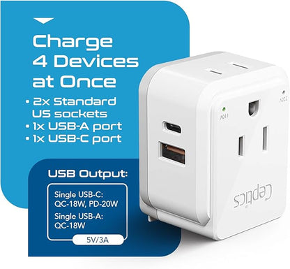 Ceptics Chile, Rome, Italy Travel Plug Adapter Set, Chile plug adapter USB-USB-C 20W PD-QC 18W, 2 Outlet, US to Italy plug adapter for Lybia, Uruguay Includes Type C, L SWadAPt Attachments - PAK-IT
