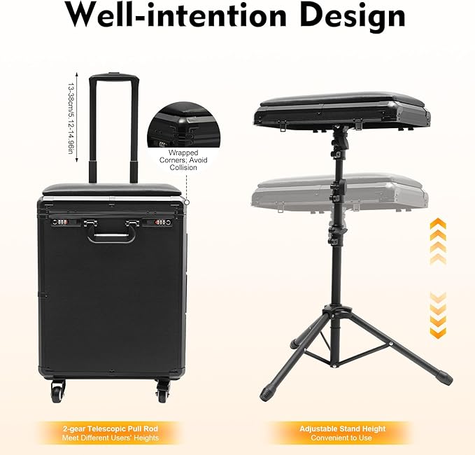Rolling Makeup Train Case with Tattoo Armrest Stand, Tattoo Travel Case with 3 Drawers & Wheels, Portable Tattoo Station with Acrylic Panel for Makeup Artists, Estheticians & Crafters